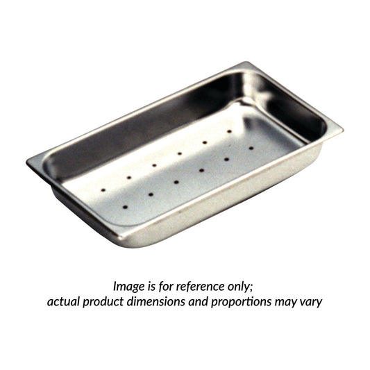 Stainless steel Polar Ware Perforated Instrument Tray with drainage holes, rectangular shape, on a white background.