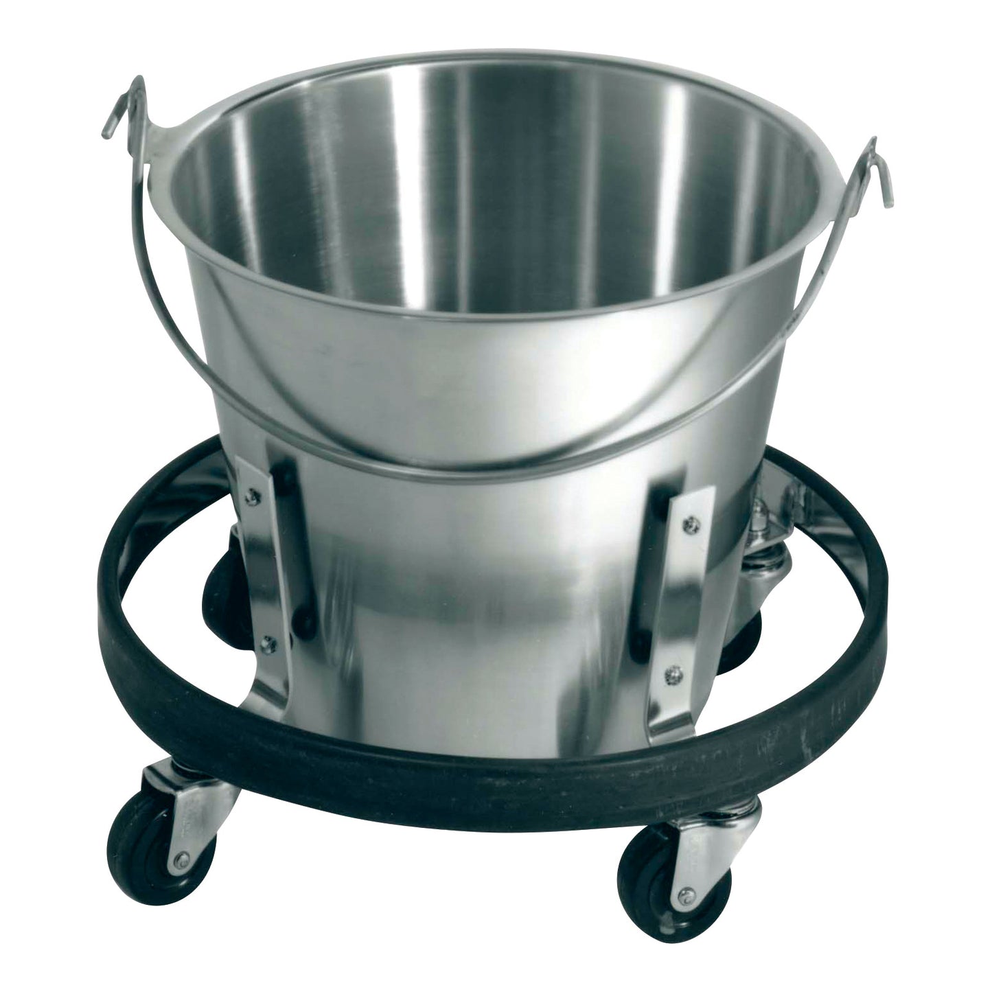 Stainless steel Polar Ware Kick Bucket on a wheeled base with a handle and a protective ring around the bottom.