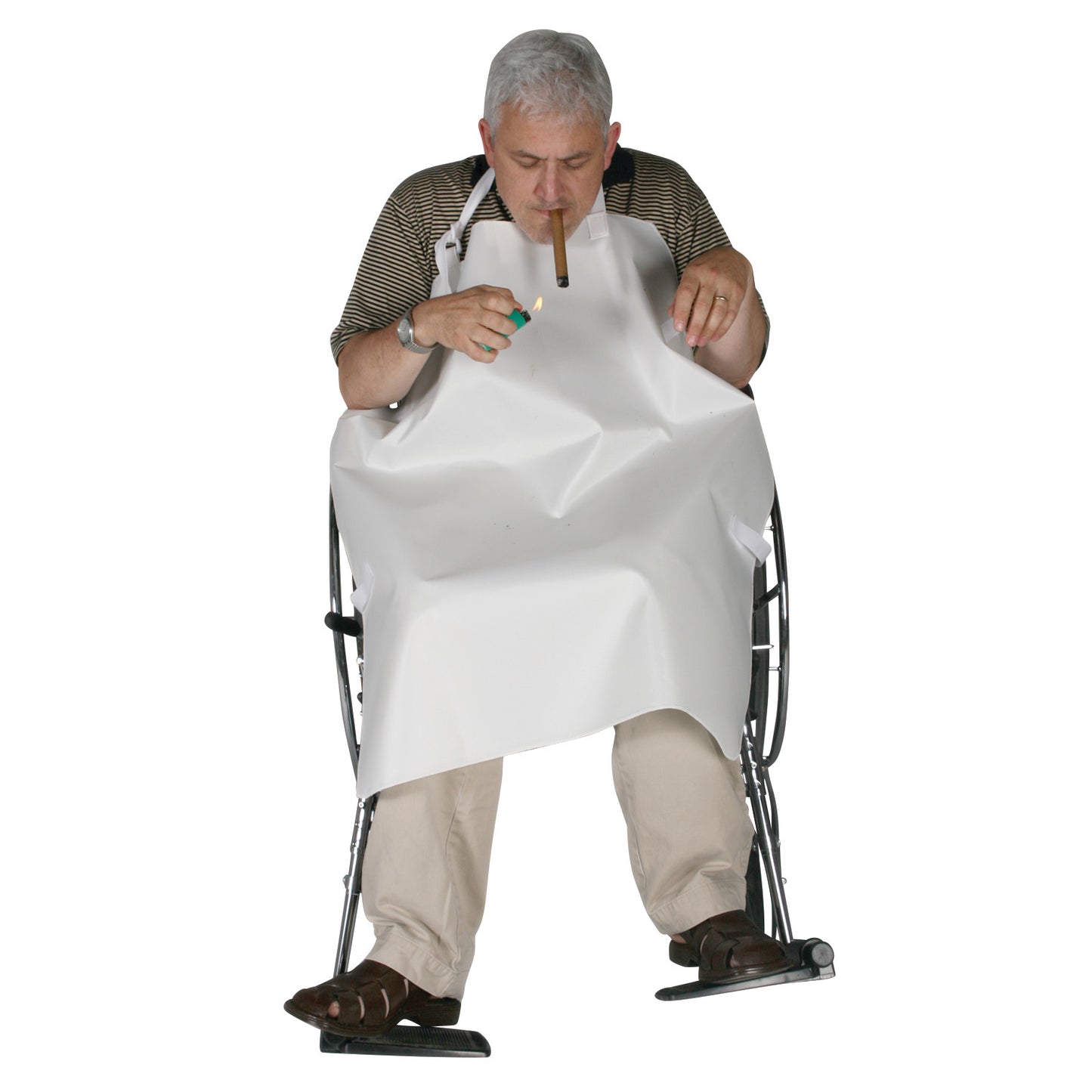 Man in a wheelchair wearing the AliMed Economy Smoker's Apron, holding a lit lighter and a cigar with a protective apron.