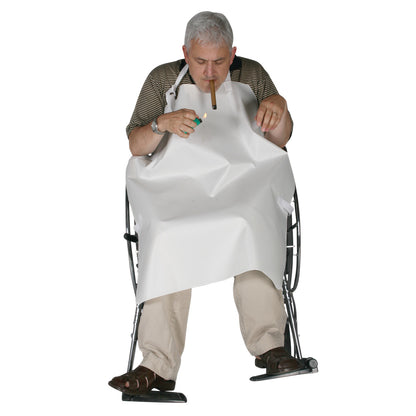Man in a wheelchair wearing the AliMed Economy Smoker's Apron, holding a lit lighter and a cigar with a protective apron.