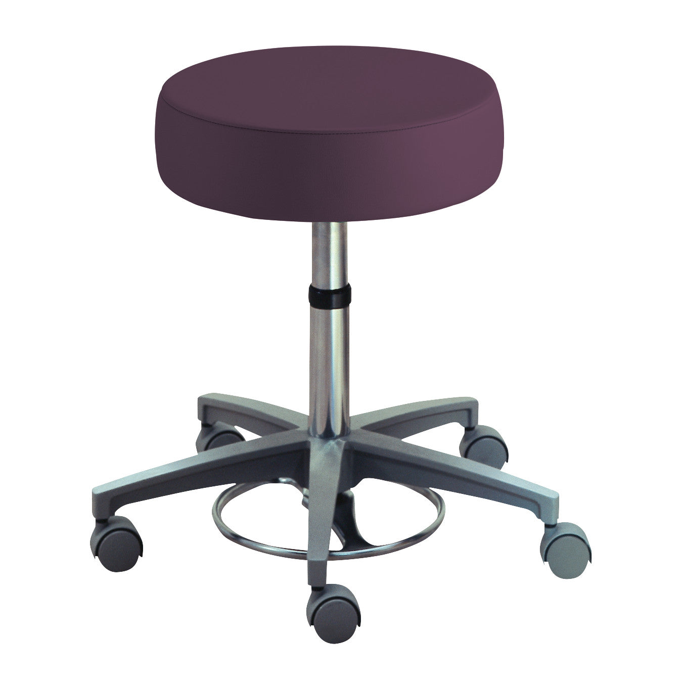 A Brewer Foot-Operated Millennium Series Stool with a round purple seat and chrome base on five casters.