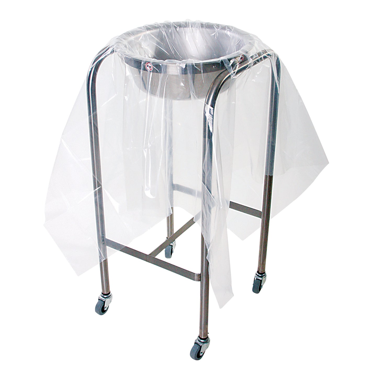 A Sterile Set-Up Drape on a metal stand with a basin and caster wheels, covered in transparent plastic for protection.