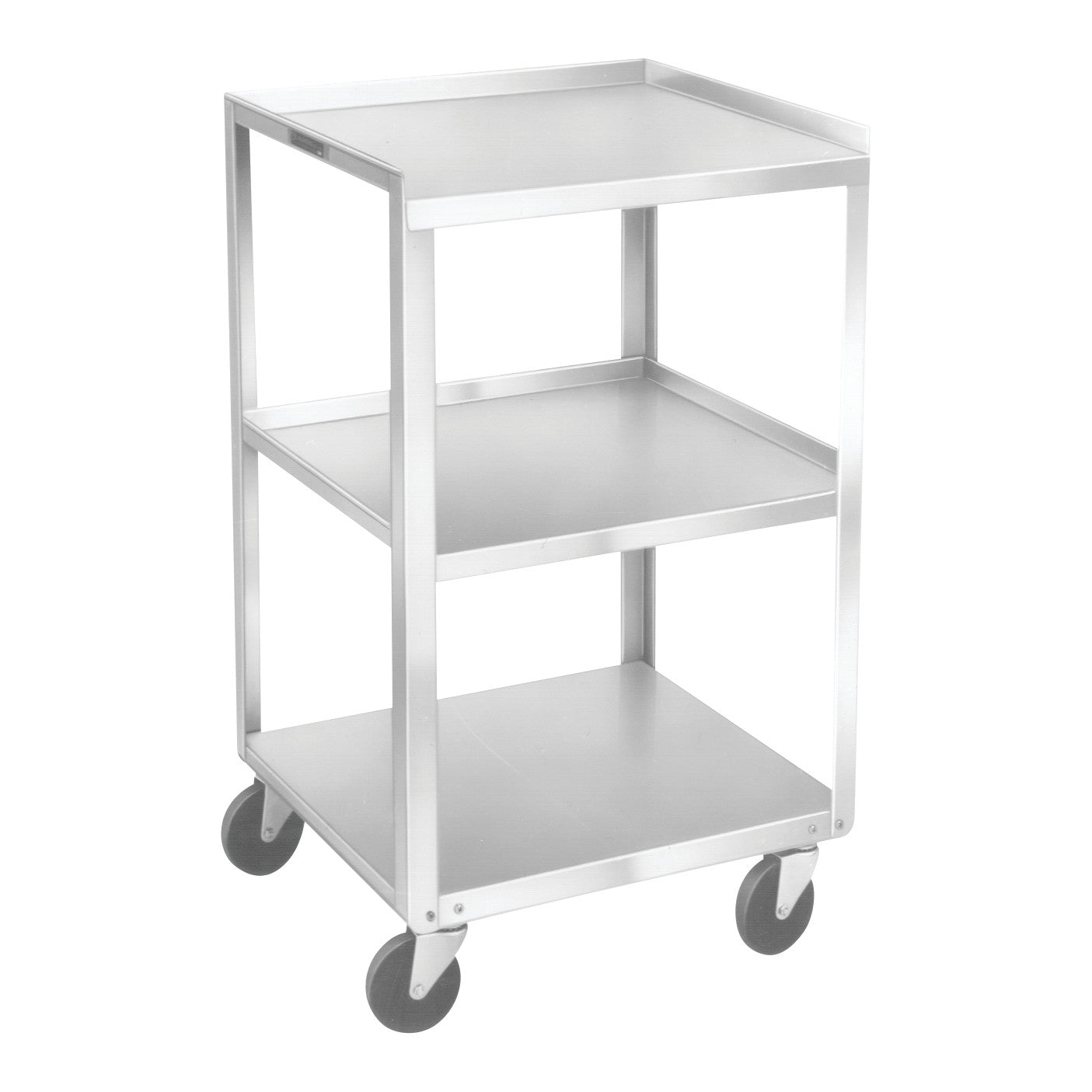 A Lakeside Stainless Steel Equipment Stand with three shelves and four wheels for easy mobility.