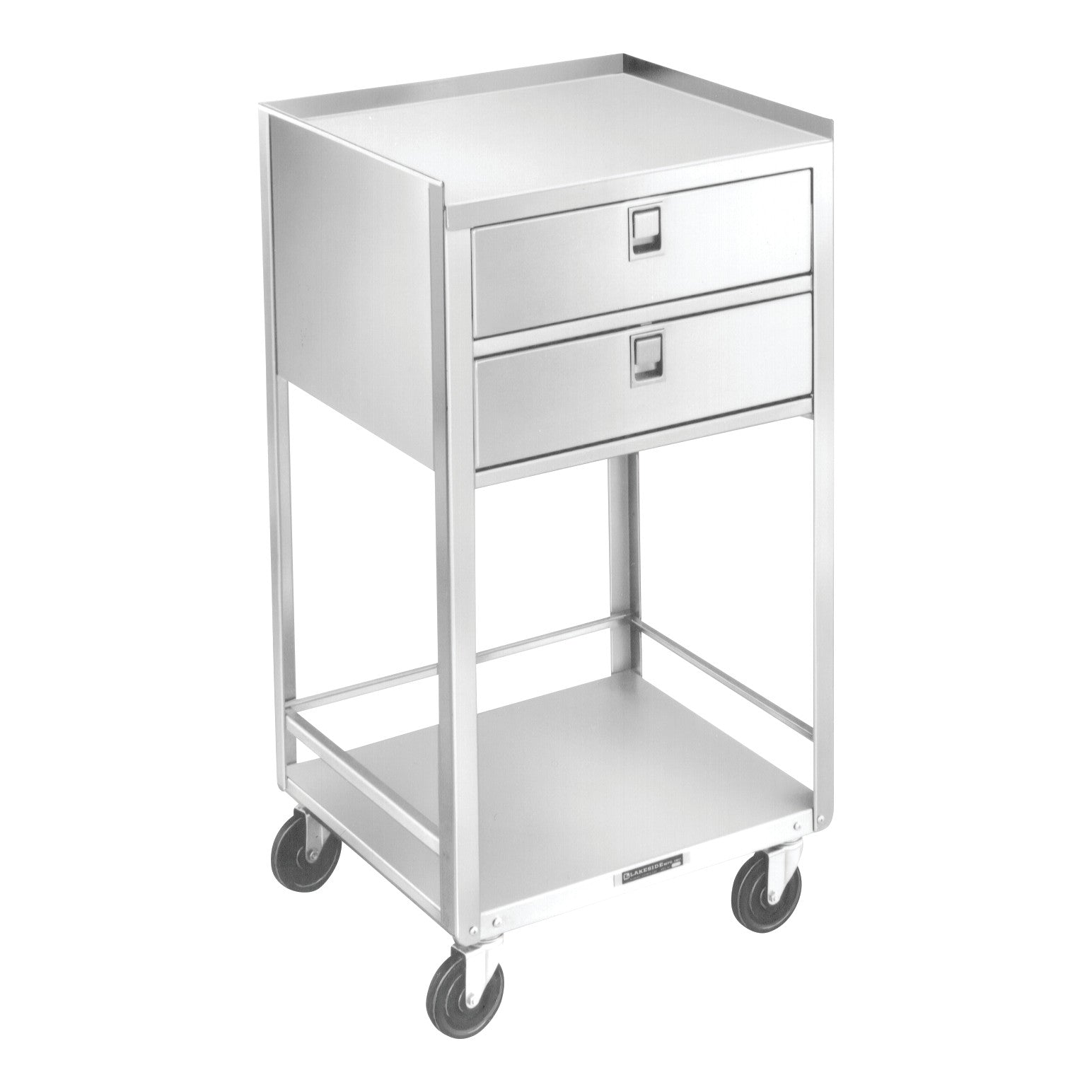 A Lakeside Stainless Steel Equipment Stand features two drawers, an open shelf, and four caster wheels for mobility.