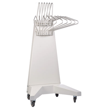The Deluxe Mobile Apron Rack with Glove Rack is a white, wheeled stand with metal hangers for holding aprons and gloves.