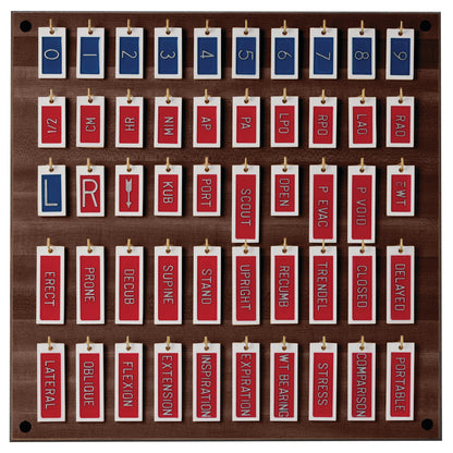 General X-Ray Marker Set on a wooden board, featuring rows of blue and red labeled markers with various medical terms and numbers.
