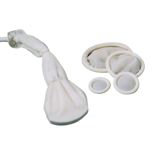 CIVCO Sterile Latex General Purpose Ultrasound Probe Cover Kit, including a latex cover and matching elastic bands, in view.