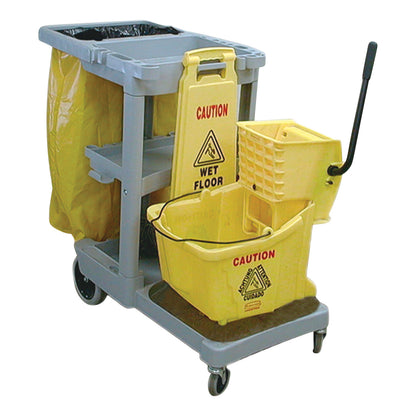 MRI Custodial Cart with a yellow "Caution Wet Floor" sign and mop bucket, gray frame, wheels, and yellow bag.