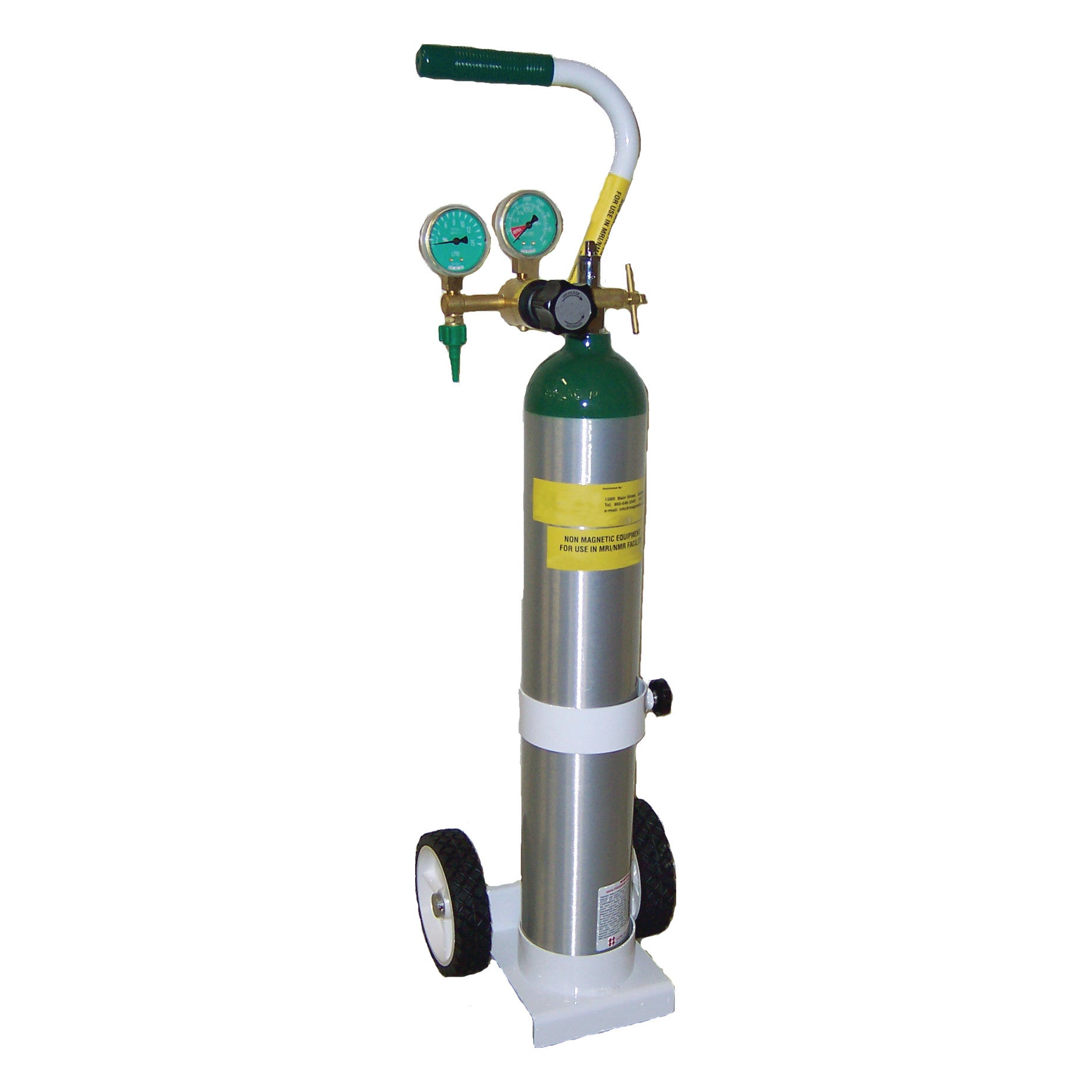 MRI Nonmagnetic Oxygen Therapy Kit with a green-capped cylinder, pressure gauges, and a handle on a wheeled base.