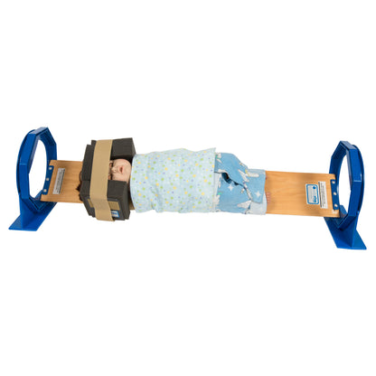 The Universal Octopaque Pediatric Positioner shows a baby mannequin secured on a board with head support and blue handles.
