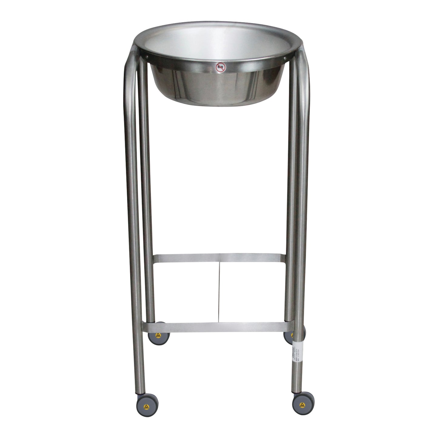 Blickman MR-Conditional Single Basin Solution Stand with a stainless steel basin and four wheels for mobility.