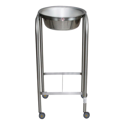 Blickman MR-Conditional Single Basin Solution Stand with a stainless steel basin and four wheels for mobility.