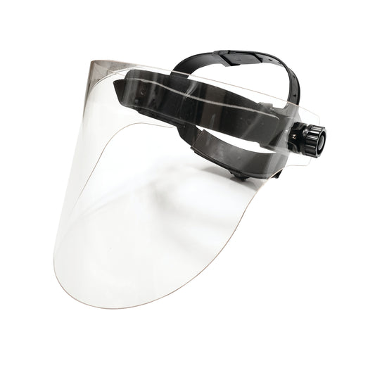 Universal Full Face Shield with a clear visor and adjustable black headband, shown against a white background.