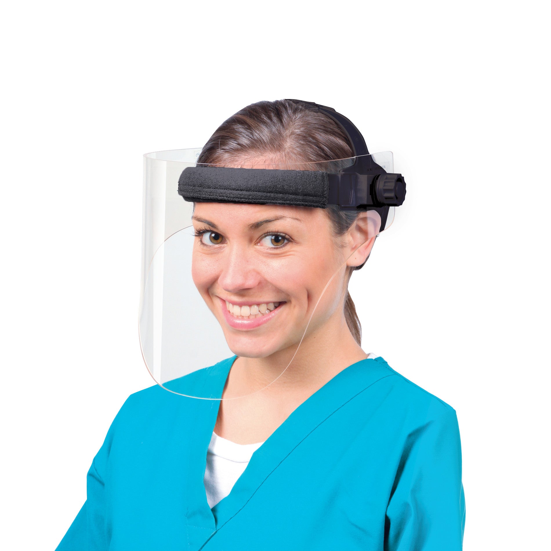 A person wearing a blue uniform models the Universal Full Face Shield with a transparent visor and adjustable headband.