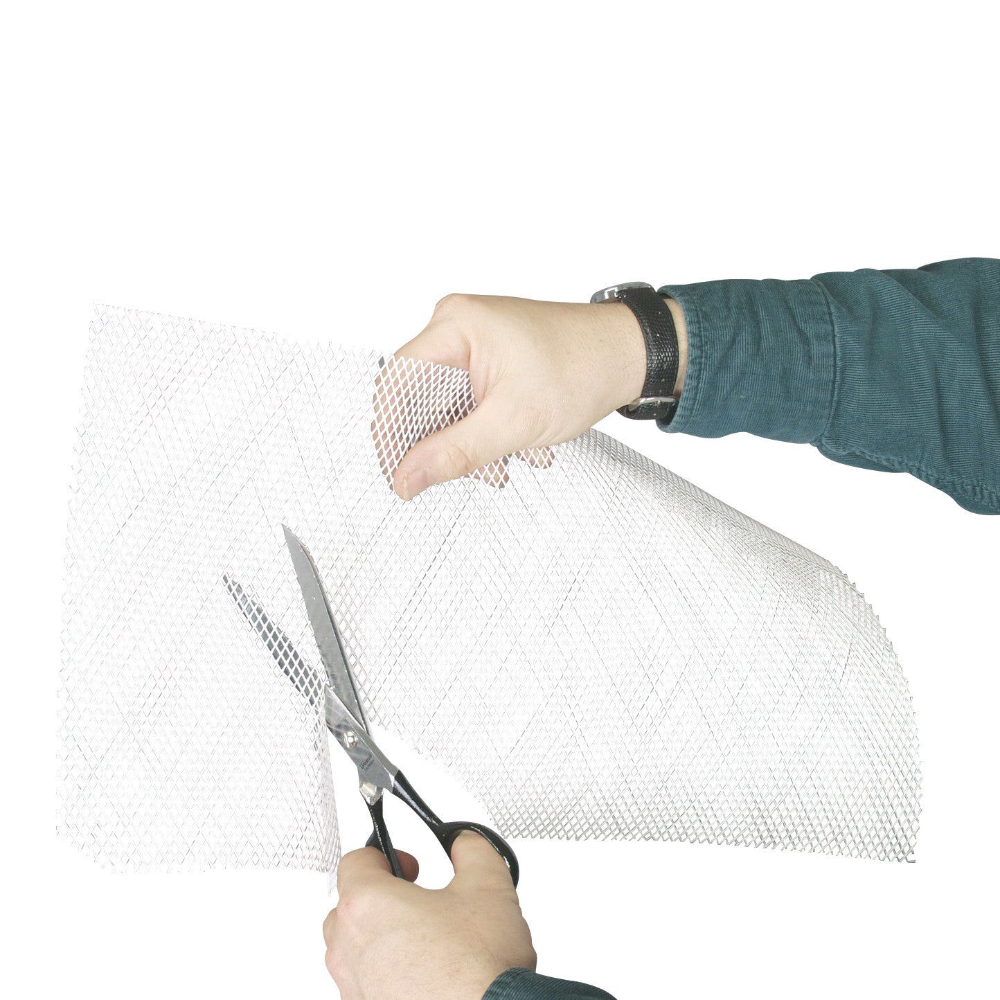 Two hands cut an Aquaplast RT Standard Perforated Sheet using scissors. The sheet has a fine mesh pattern.