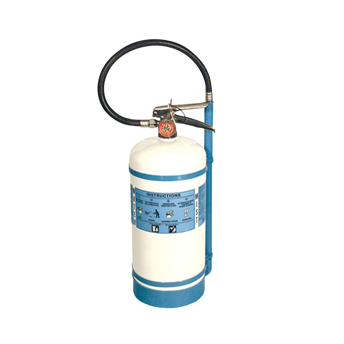 MRI-Certified Fire Extinguisher (H2O) with a white and blue design, featuring an instruction label and a black hose on top.