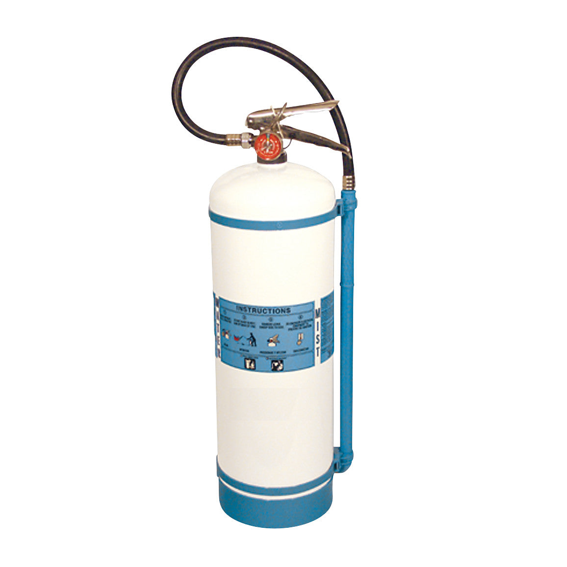 MRI-Certified Fire Extinguisher (H2O) with a white cylinder, blue accents, a hose, and a nozzle. Instructions are labeled on it.