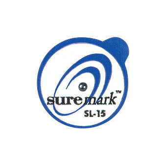 Circular sticker with blue rings, a dot in the center, and the text "suremark SL-15." Product name: Suremark Original Skin Marker.