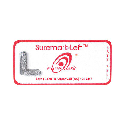 Suremark Left and Right Skin Marker label with a red border, featuring an "L" and the Suremark logo with contact details.
