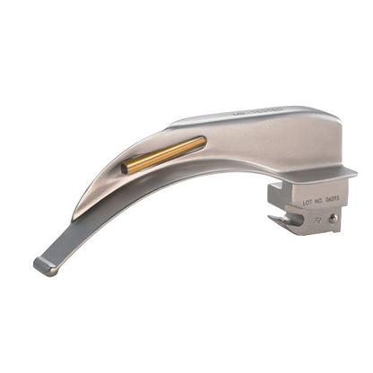 A silver MRI Miller Laryngoscope Blade with a curved design and a visible gold pin, used for medical intubation procedures.