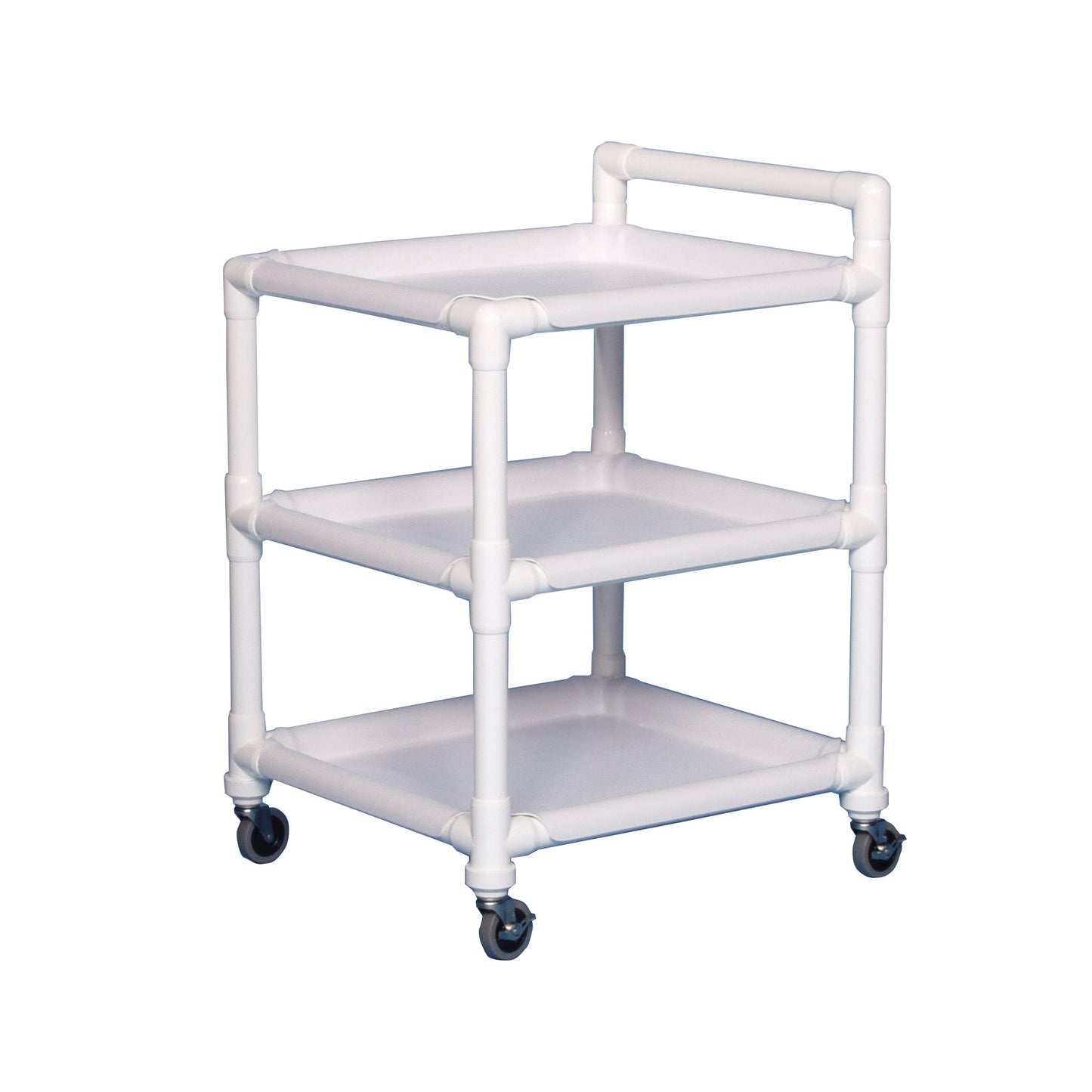 MRI 3-Shelf PVC Utility Cart with three white shelves and four black wheels. Made of sturdy PVC, it has a handle on top.
