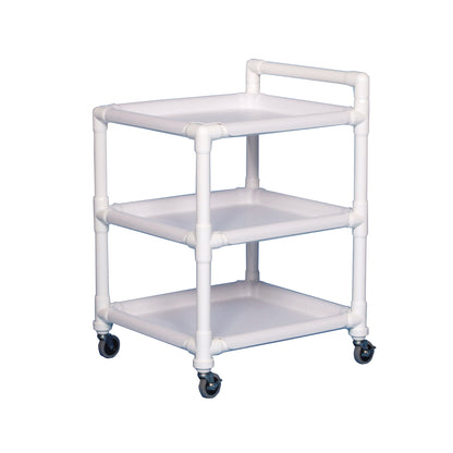 MRI 3-Shelf PVC Utility Cart with three white shelves and four black wheels. Made of sturdy PVC, it has a handle on top.