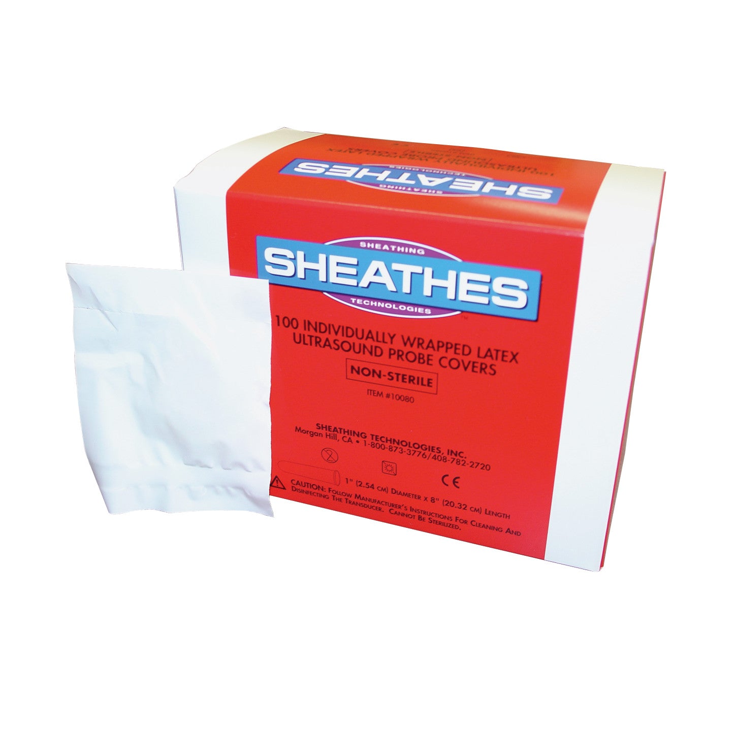 Box of Sheathes Rolled Latex Ultrasound Probe Covers, non-sterile, with a single probe cover displayed on the side.