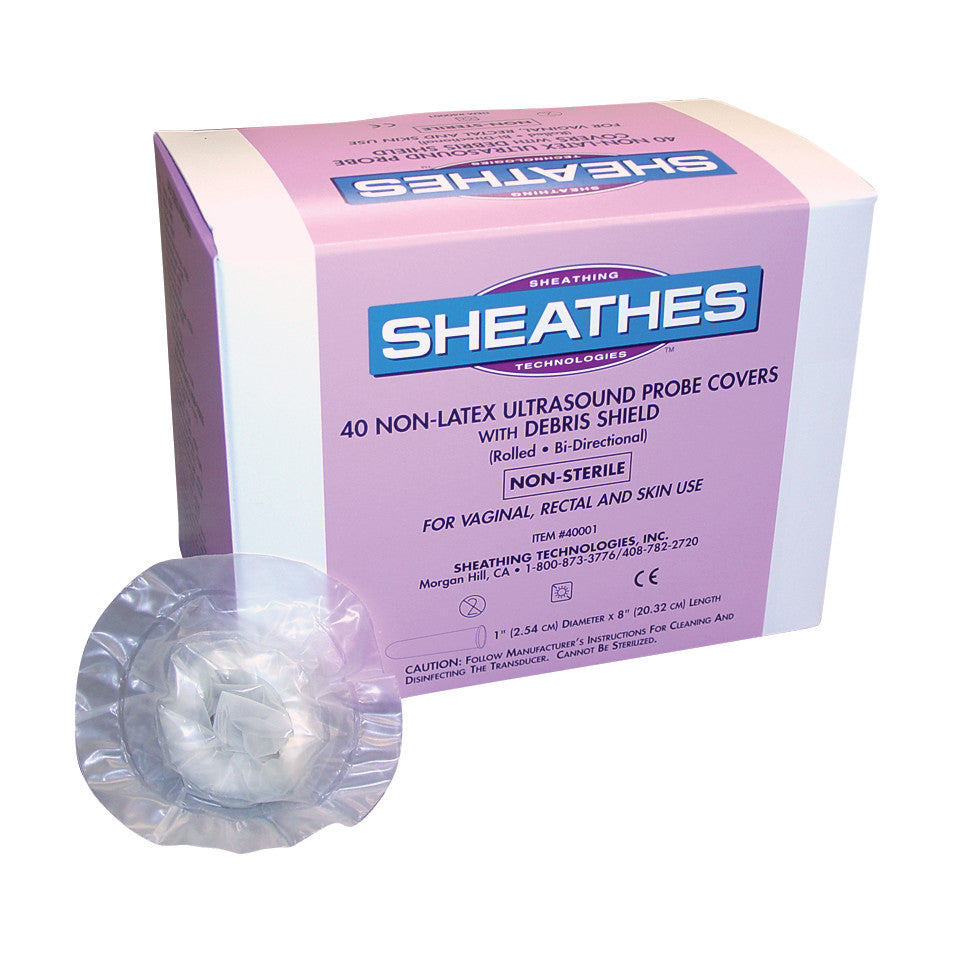 Box of "Sheathes Bidirectional Probe Cover," containing 40 non-latex ultrasound probe covers with debris shield, non-sterile.