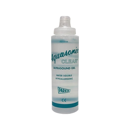Bottle of Parker Aquasonic Clear Ultrasound Gel, labeled as water-soluble and hypoallergenic, with a clear cap.