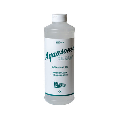 A bottle of Parker Aquasonic Clear Ultrasound Gel, labeled as water soluble and hypoallergenic, with a white cap.