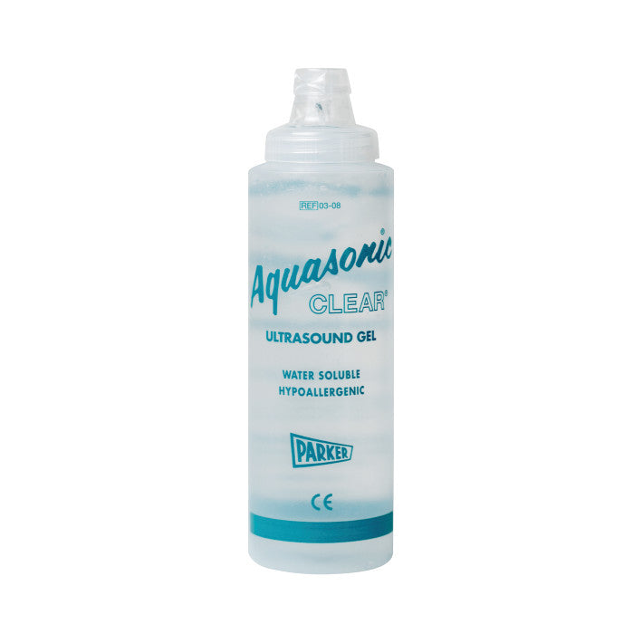 Clear plastic bottle labeled "Parker Aquasonic Clear Ultrasound Gel," with a nozzle. It is water-soluble and hypoallergenic.