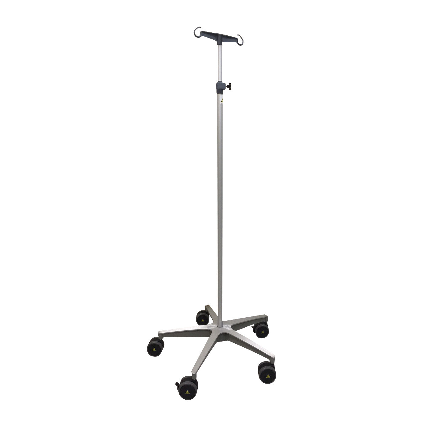 MR-Conditional IV Pole with a five-wheel base and four hooks, designed for medical use, shown against a white background.