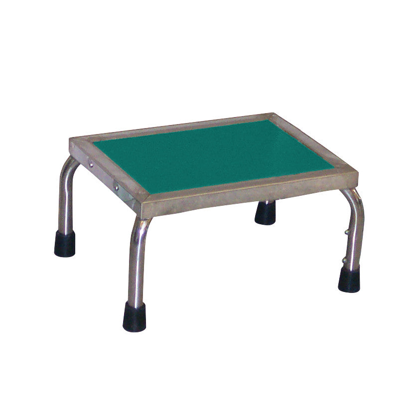 MRI Nonmagnetic Single Step Stool with a green surface and metal frame. It has four sturdy legs with black rubber feet.