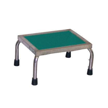 MRI Nonmagnetic Single Step Stool with a green surface and metal frame. It has four sturdy legs with black rubber feet.