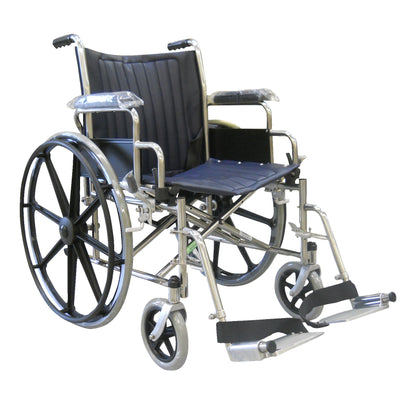 The MR-Conditional Wheelchair with Removable Full-Length Arms and Fixed Footrests has large rear wheels and small front casters.