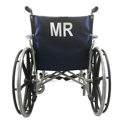 Rear view of the MR-Conditional Wheelchair with Removable Full-Length Arms and Fixed Footrests, showing the backrest and wheels.