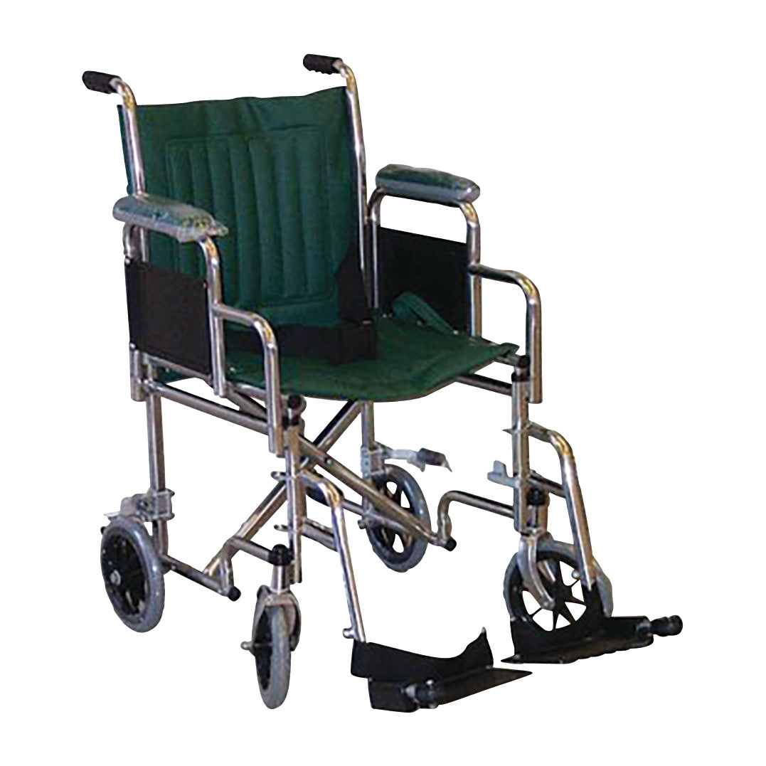 MRI Nonmagnetic Transport Chair with a green fabric seat and armrests, silver metal frame, and footrests on wheels.