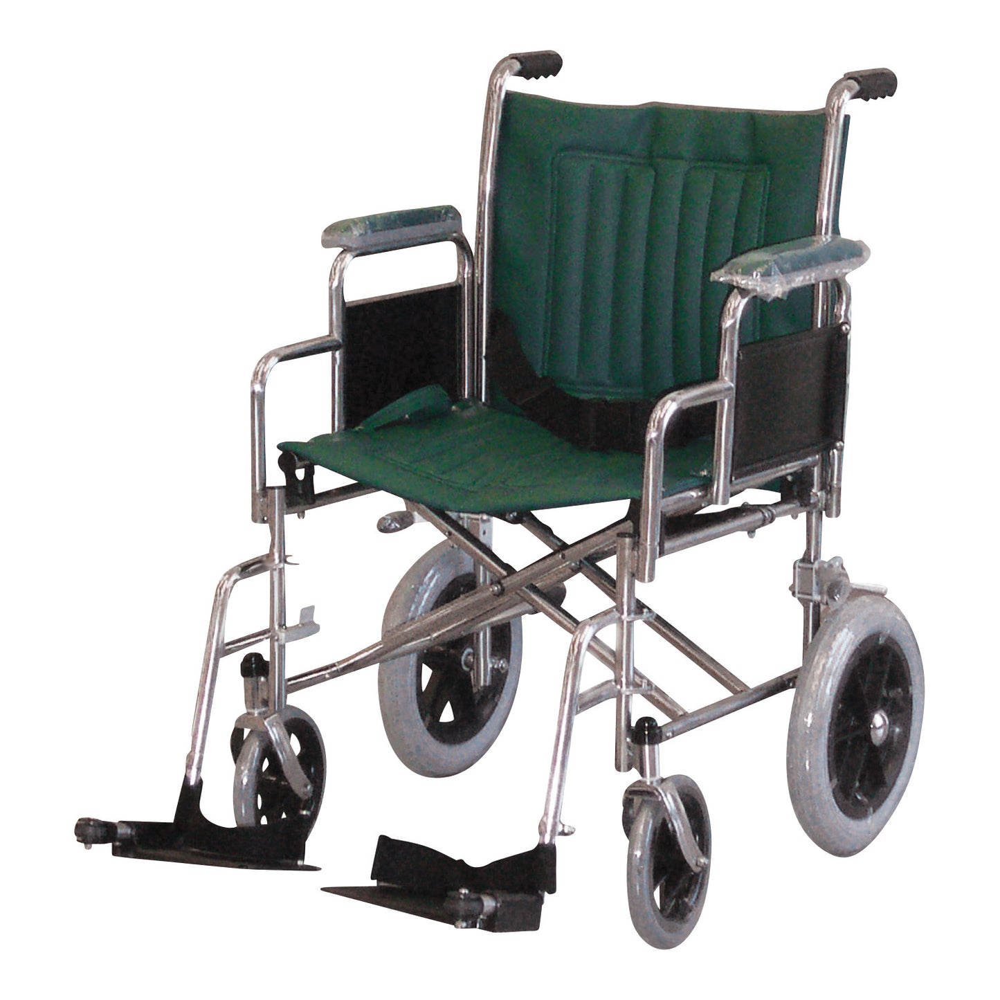 MRI Nonmagnetic Transport Chair with a green seat and backrest, silver frame, and footrests.
