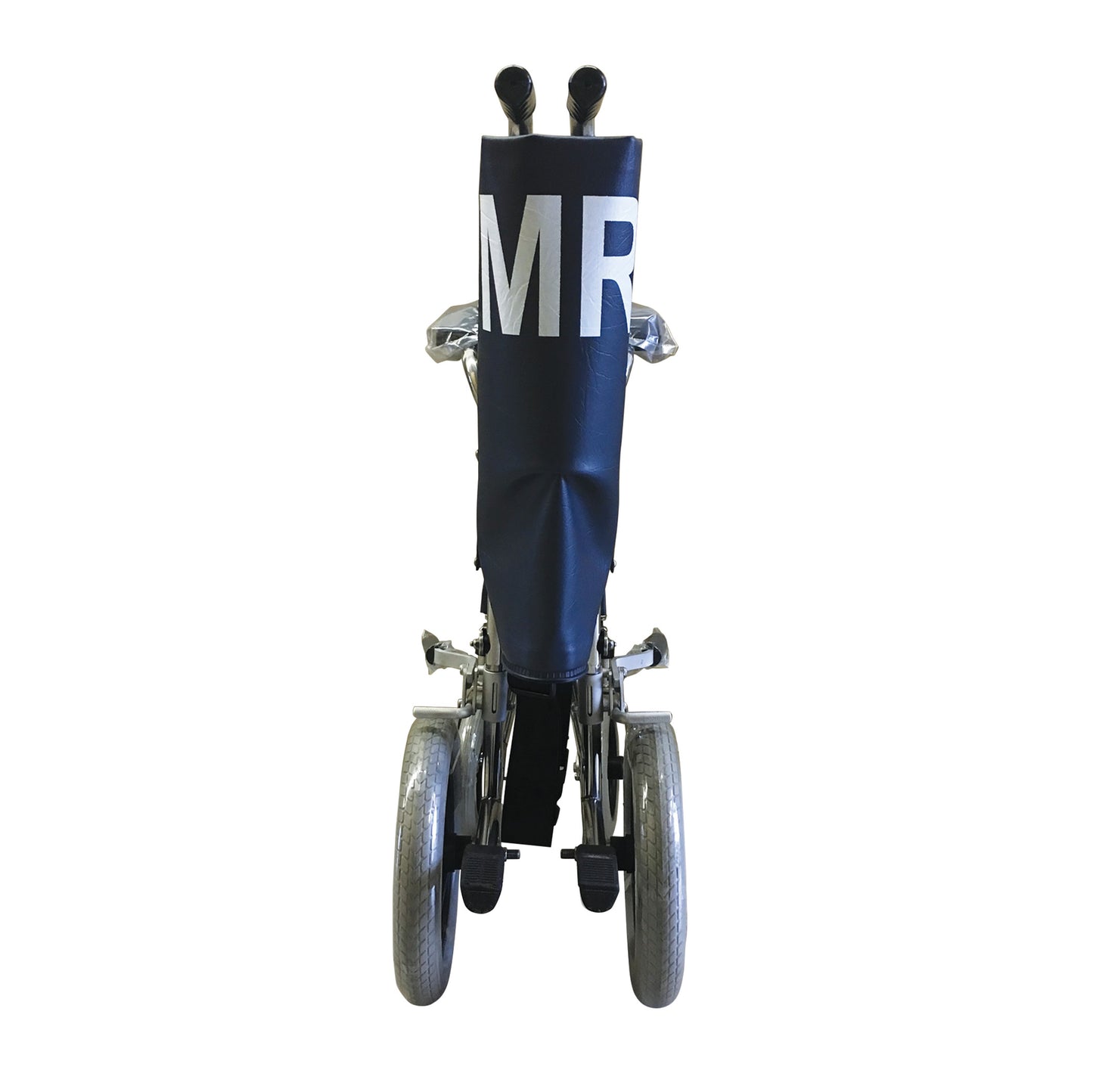 MRI Nonmagnetic Transport Chair, front view. It features large wheels and a dark cover with "MR" printed in white letters.