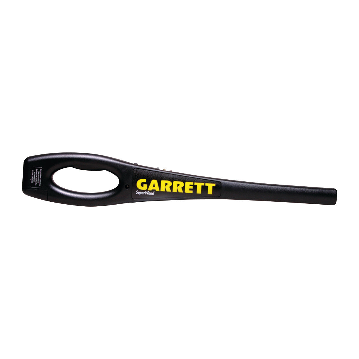 Garrett SuperWand Handheld Metal Detector with a black design and yellow logo, featuring a circular handle and a tapered wand.