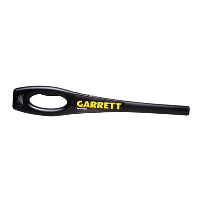 Garrett SuperWand Handheld Metal Detector with a black design and yellow logo, featuring a circular handle and a tapered wand.