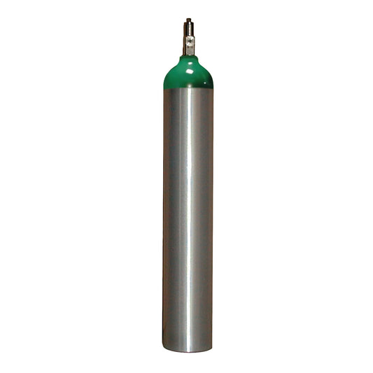 MRI Nonmagnetic E Size Oxygen Cylinder with a silver body and green top, featuring a valve at the top.