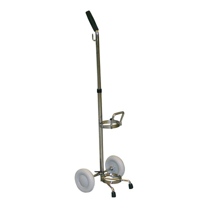 A Nonmagnetic D/E Cylinder Hand Cart with a tall handle, rubber grip, and two white wheels, designed to transport gas cylinders.