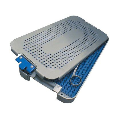 Case Medical MediTray Wrappable Case Tray with Lid, shown open. It features a perforated metal lid and a blue interior base.