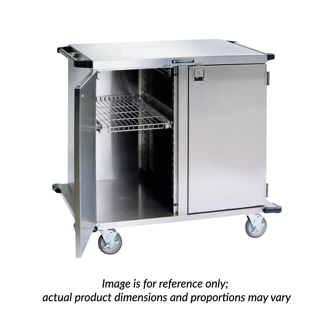 Lakeside Stainless Steel Case Cart with a wire shelf and four casters. One side is open, and the other has a closed door.