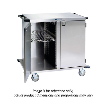 Lakeside Stainless Steel Case Cart with a wire shelf and four casters. One side is open, and the other has a closed door.