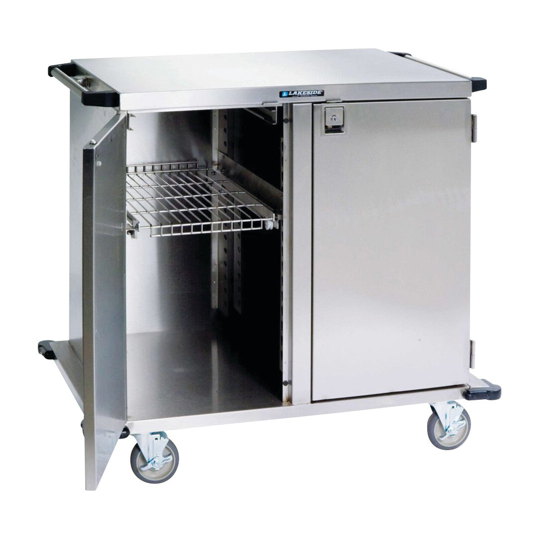 Lakeside Stainless Steel Case Cart with two compartments, one open with a wire shelf and the other closed, on swivel casters.