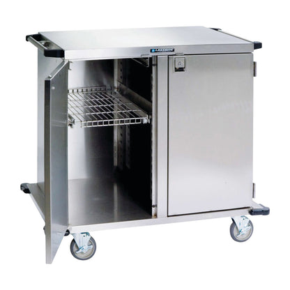 Lakeside Stainless Steel Case Cart with two compartments, one open with a wire shelf and the other closed, on swivel casters.