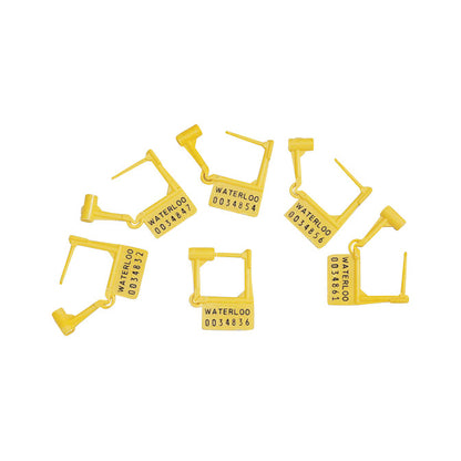 Yellow plastic breakaway seals, labeled with 'Waterloo,' used as a medical cart accessory by Waterloo Healthcare.