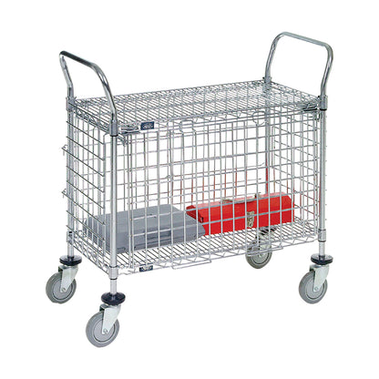 Nexel Security Cart is a wire-frame cart with two handles and four caster wheels, holding a red toolbox and a gray case.